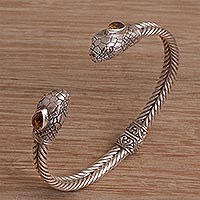 Citrine cuff bracelet, 'Snake Siblings' - Snake-Themed Citrine Cuff Bracelet from Bali