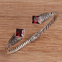 Garnet cuff bracelet, 'Square Swirls' - Square Garnet and Sterling Silver Cuff Bracelet from Bali