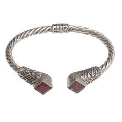 Garnet cuff bracelet, 'Square Swirls' - Square Garnet and Sterling Silver Cuff Bracelet from Bali