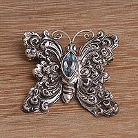 Broche de topacio azul, 'Marquise Butterfly' - Broche de mariposa de topacio azul y plata de ley de Bali
