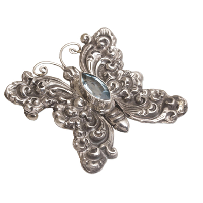 Blue topaz brooch, 'Marquise Butterfly' - Blue Topaz and Sterling Silver Butterfly Brooch from Bali