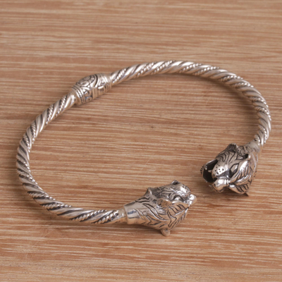 Sterling silver cuff bracelet, 'Law of the Jungle' - Tiger-Themed Sterling Silver Cuff Bracelet from Bali