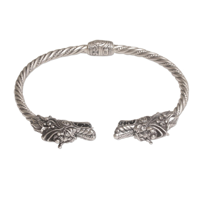 Sterling silver cuff bracelet, 'Dragon Siblings' - Dragon-Themed Sterling Silver Cuff Bracelet from Bali