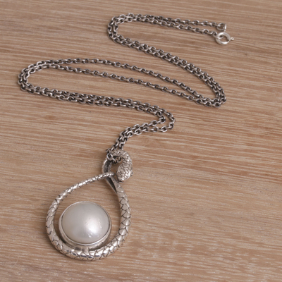 Cultured pearl pendant necklace, 'Mother Snake' - Cultured Pearl and Sterling Silver Snake Pendant Necklace