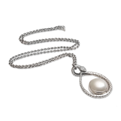 Cultured pearl pendant necklace, 'Mother Snake' - Cultured Pearl and Sterling Silver Snake Pendant Necklace