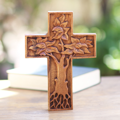 Wood wall cross, 'Peaceful Mangrove' - Hand-Carved Tree-Themed Suar Wood Wall Cross from Bali