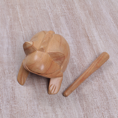 Wood percussion instrument, 'Croaking Melody' - Hand Carved Balinese Toad Suar Wood Percussion Instrument