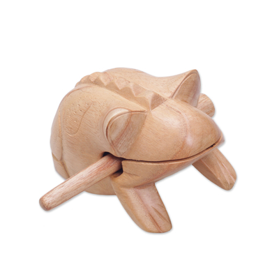 Wood percussion instrument, 'Croaking Melody' - Hand Carved Balinese Toad Suar Wood Percussion Instrument