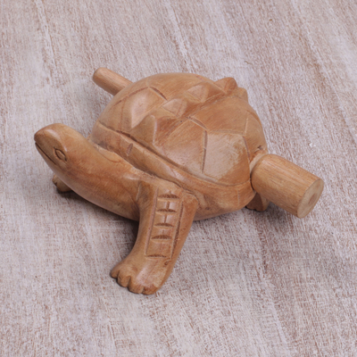 Mini instrumento de percusión de madera, 'Tortoise Melody' - Instrumento de percusión de tortuga de madera tallada a mano de Bali