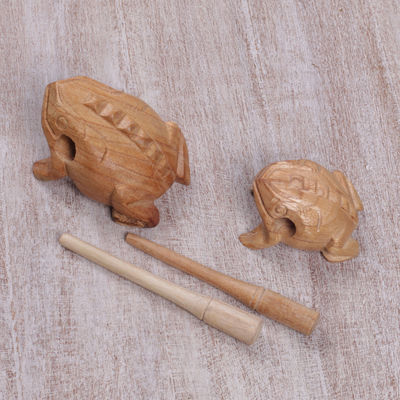 Instrumentos de percusión de madera, 'Pareja de ranas' (par) - Instrumentos de percusión de ranas de madera talladas a mano de Bali