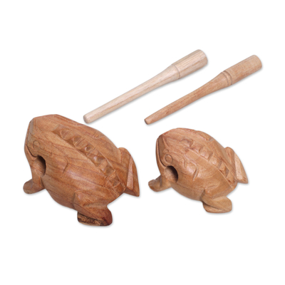 Wood percussion instruments, 'Frog Couple' (pair) - Handcarved Wood Frog Percussion Instruments from Bali