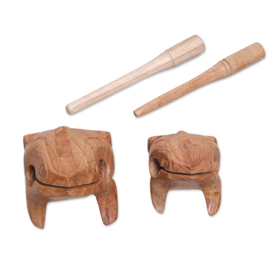 Wood percussion instruments, 'Frog Couple' (pair) - Handcarved Wood Frog Percussion Instruments from Bali