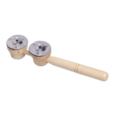 Wood percussion instrument, 'Double Rhythm' - Handmade Handheld Percussion Tambourine