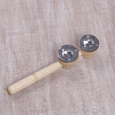 Wood percussion instrument, 'Double Rhythm' - Handmade Handheld Percussion Tambourine