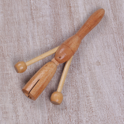 Wood percussion instrument, 'Jubilation' - Handmade Suar Wood Handheld Percussion Instrument
