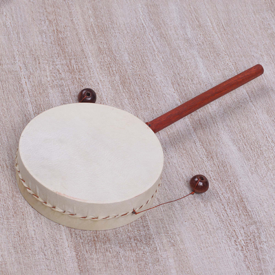 Wood drum, 'Dancing Vibes' - Hand Made Indonesian Wood Handled Drum
