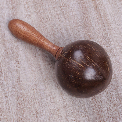 Wood and coconut shell maraca, 'Coconut Tune' - Handmade Coconut Shell Maraca