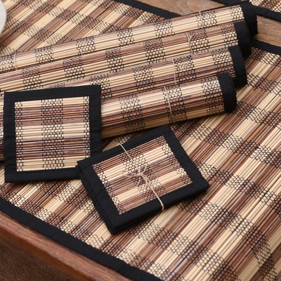 Pandanus and cotton table linen set, 'Klotok Dimensions' (set of 6) - Hand Woven Javanese Pandanus and Cotton Table Set for 6