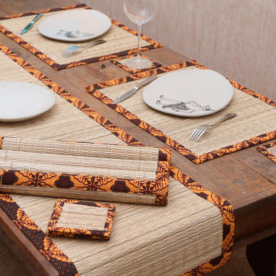 Pandanus and cotton batik table linen set 'Floral Dimensions' (set of 6) - Javanese Pandanus and Cotton Batik Floral Table Set for 6