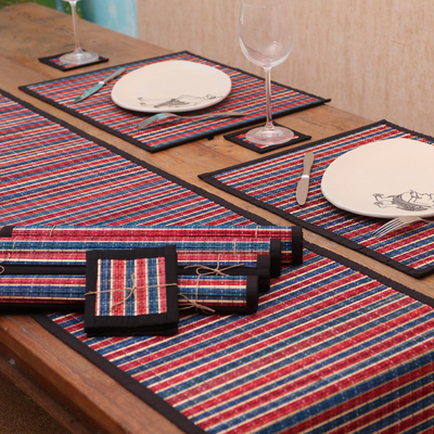 Bamboo and cotton table linen set, 'Striped Dimensions' (set of 6) - Red and Blue Striped Bamboo and Cotton Table Set for 6
