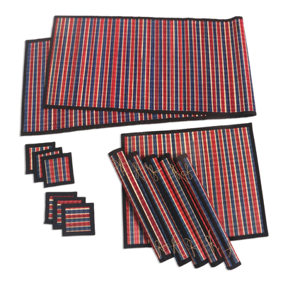 Bamboo and cotton table linen set 'Striped Dimensions' (set of 6) - Red and Blue Striped Bamboo and Cotton Table Set for 6