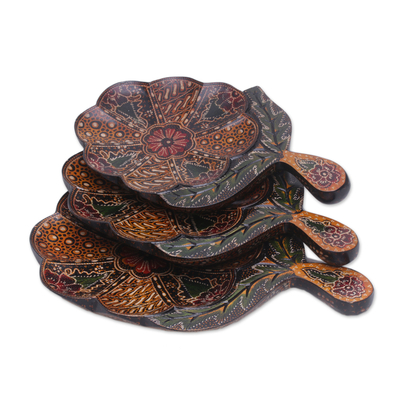 Javanese Wood Batik Decorative Hibiscus Platters (Set of 3)