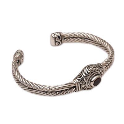 Garnet cuff bracelet, 'Palatial Garden' - Garnet and Sterling Silver Cuff Bracelet from Bali