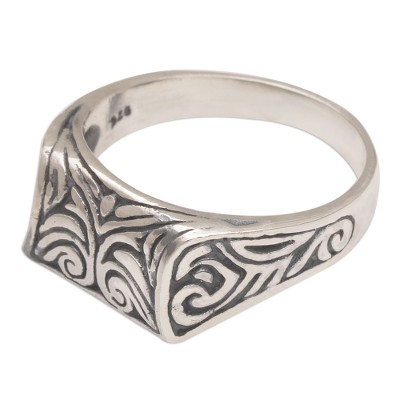 Sterling silver signet ring, 'Temple Entrance' - Handmade 925 Sterling Silver Engraved Balinese Temple Ring
