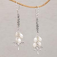 Cultured pearl dangle earrings, 'Island Dragonflies' - Handcrafted Balinese 925 Silver and Cultured Pearl Earrings