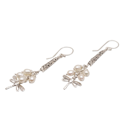 Cultured pearl dangle earrings, 'Island Dragonflies' - Handcrafted Balinese 925 Silver and Cultured Pearl Earrings
