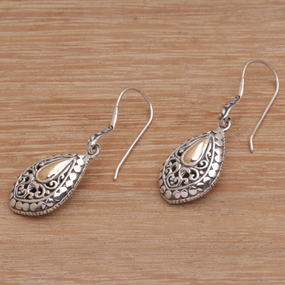 Gold-accented sterling silver dangle earrings, 'Teardrop Dew' - Hand Crafted Sterling Silver and 18K Gold Plated Earrings