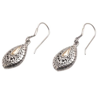 Gold-accented sterling silver dangle earrings, 'Teardrop Dew' - Hand Crafted Sterling Silver and 18K Gold Plated Earrings