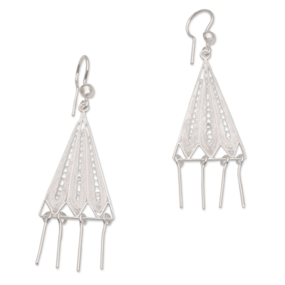 Sterling silver filigree chandelier earrings, 'Triangle Jellyfish' - Triangular Sterling Silver Chandelier Earrings from Bali