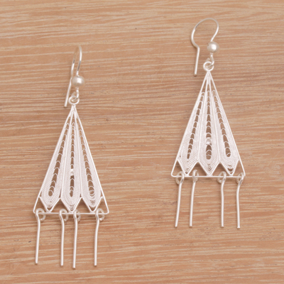 Sterling silver filigree chandelier earrings, 'Triangle Jellyfish' - Triangular Sterling Silver Chandelier Earrings from Bali