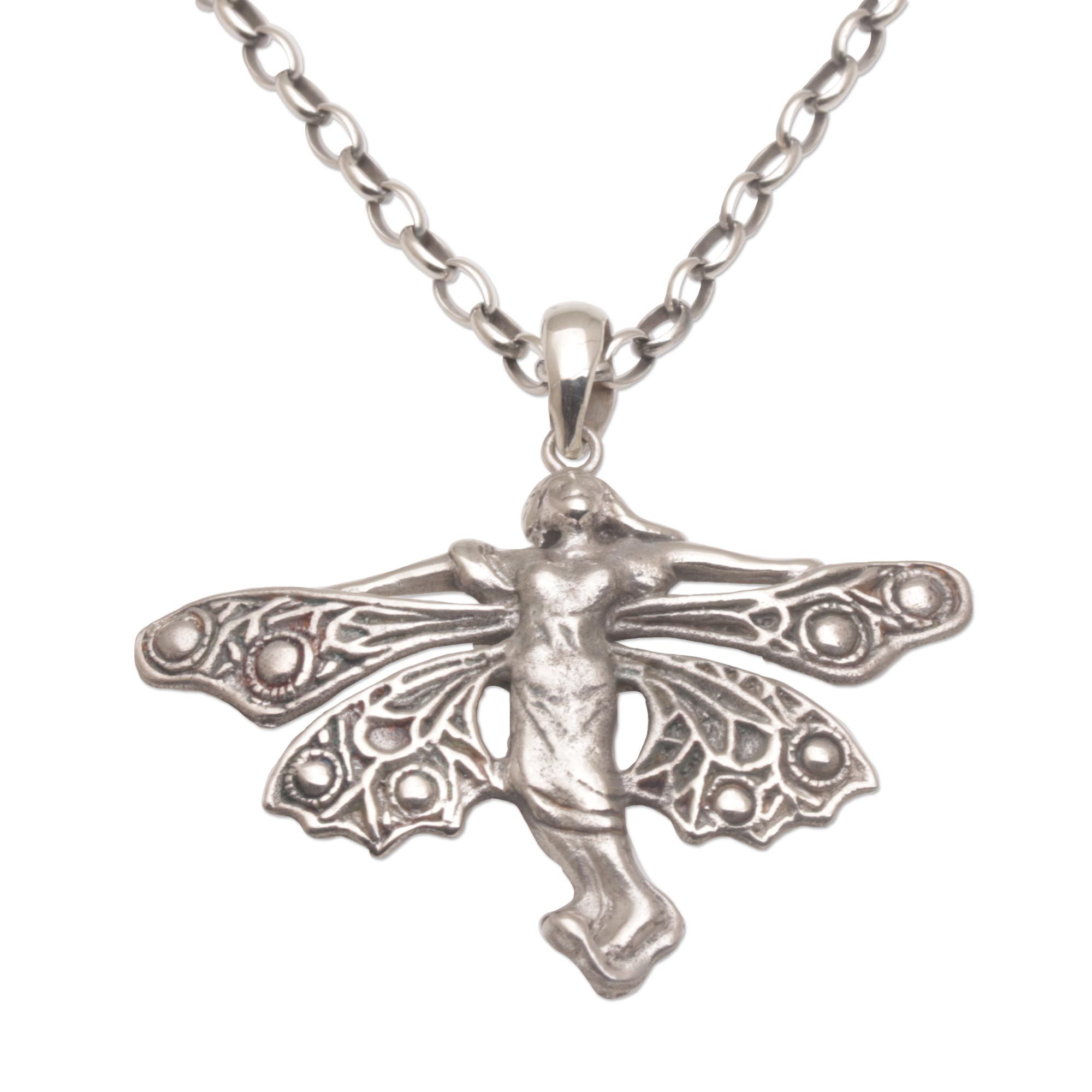 Handmade 925 Sterling Silver Fairy Pendant Necklace Flying Fairy NOVICA