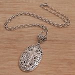Sterling silver pendant necklace, 'Vined Cross' - Handmade 925 Sterling Silver Cross Pendant Necklace