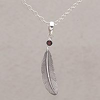 Garnet pendant necklace, 'Fleeting Feather' - Handmade 925 Sterling Silver Garnet Pendant Feather Necklace