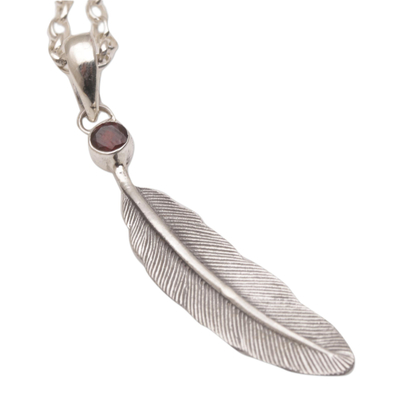 Garnet pendant necklace, 'Fleeting Feather' - Handmade 925 Sterling Silver Garnet Pendant Feather Necklace