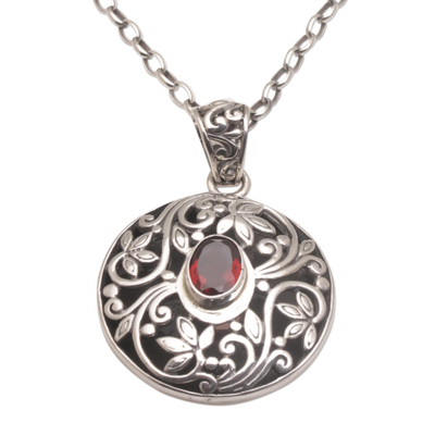 Garnet pendant necklace, 'Floral Eye in Red' - Artisan Handmade 925 Sterling Silver Garnet Pendant Necklace