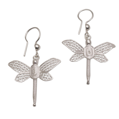 Dragonfly-Shaped Silver Filigree Dangle Earrings from Bali