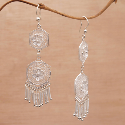 Sterling silver filigree chandelier earrings, 'Glistening Life' - Floral Silver Filigree Chandelier Earrings from Bali
