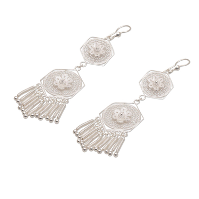 Sterling silver filigree chandelier earrings, 'Glistening Life' - Floral Silver Filigree Chandelier Earrings from Bali