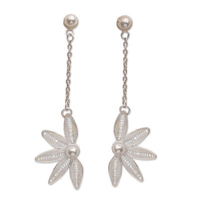 Sterling silver filigree dangle earrings, 'Half Flowers' - Floral Sterling Silver Filigree Dangle Earrings from Bali