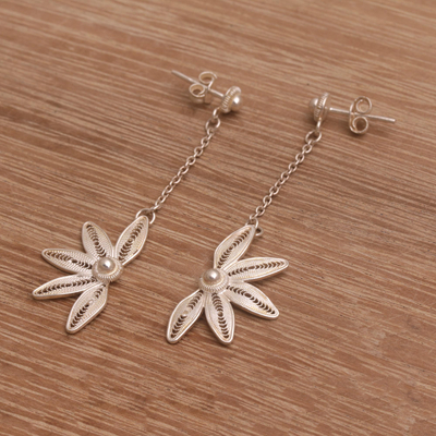 Sterling silver filigree dangle earrings, 'Half Flowers' - Floral Sterling Silver Filigree Dangle Earrings from Bali