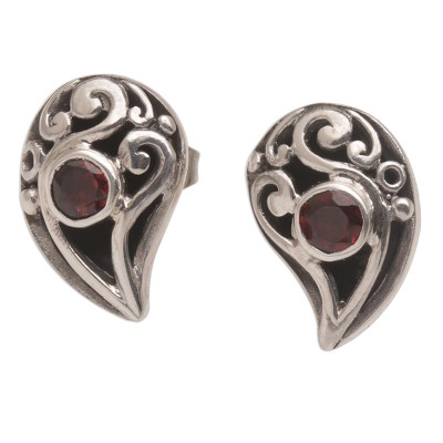 Garnet button earrings, 'Radiant Claw' - 925 Sterling Silver Handmade Garnet Stud Earrings Indonesia