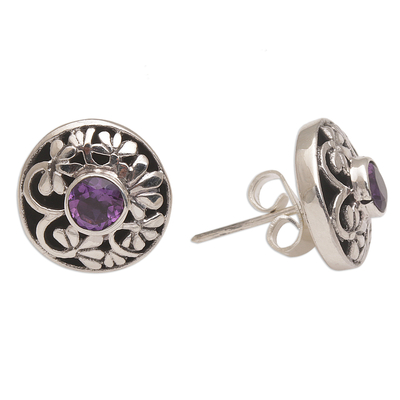 Amethyst stud earrings, 'Enchantree' - Handmade Amethyst 925 Sterling Silver Stud Earrings