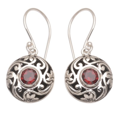 Garnet dangle earrings, 'Moonlight Bouquet' - Artisan Handmade 925 Sterling Silver Garnet Dangle Earrings