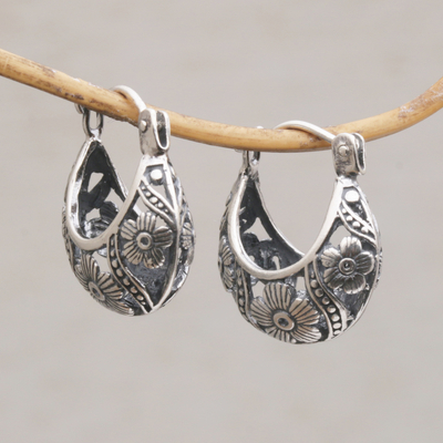 Sterling silver hoop earrings, 'Petal Parade' - Handmade 925 Sterling Silver Dangle Earrings Flower Petals