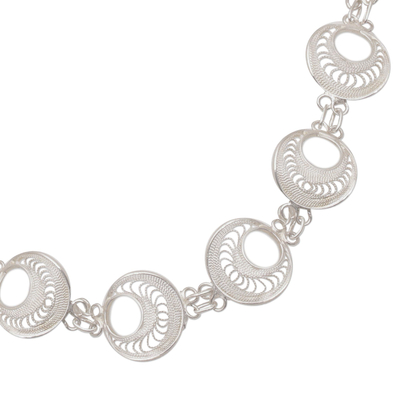 Sterling silver filigree link necklace, 'Glistening Crescents' - Sterling Silver Filigree Link Necklace from Bali