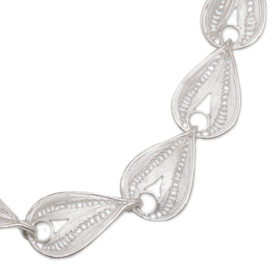 Sterling silver filigree link necklace, 'Spiraling Teardrops' - Handmade Sterling Silver Filigree Link Necklace from Bali